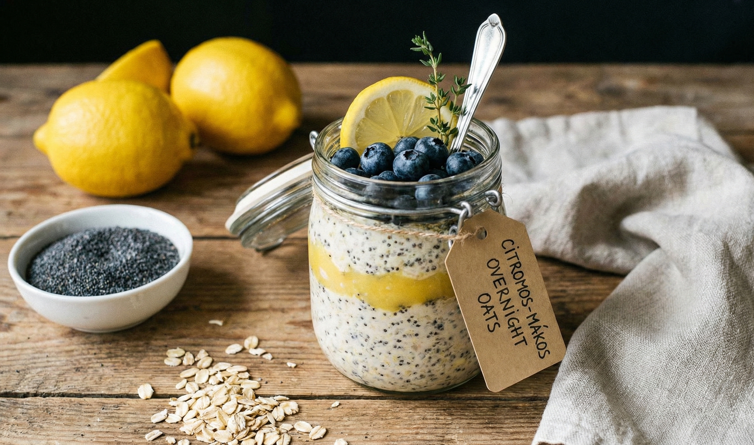 Réteges citromos-mákos zabkása (overnight oats) üvegben, áfonyával, citrommal és mákkal.