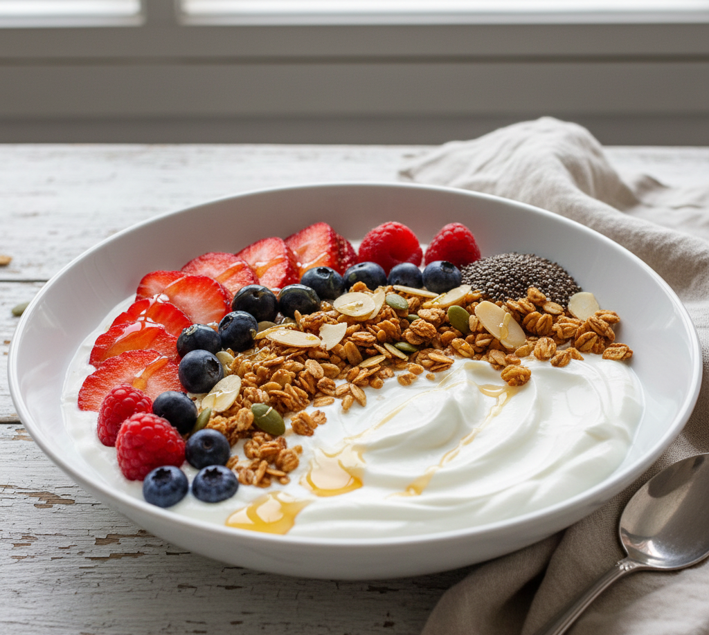 Fehérjedús egészséges reggeli: Natúr görög joghurt szezonális gyümölcsökkel és ropogós magvakkal a kiegyensúlyozott étrendért.