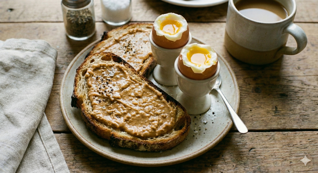 Két lágytojás külön tálalva, mellette ropogós mogyoróvajas pirítós egy tányéron, gusztusos reggeli.