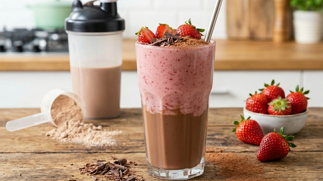 Friss, rétegezett epres-kakaós fehérjeturmix pohárban, félig kevert textúrával a kakaós alsó réteg és az epres felső réteg között.